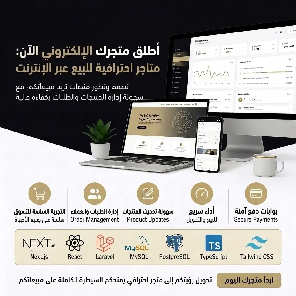 E-commerce website service preview with Arabic badge and shopping dashboard